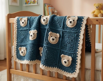 Crochet Baby Blanket Pattern – Teddy Bear Granny Squares, Animal Motif (PDF Download)