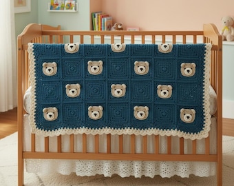 Crochet Baby Blanket Pattern – Teddy Bear Granny Squares, Animal Motif (PDF Download)