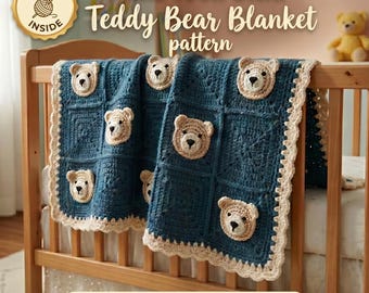 Crochet Baby Blanket Pattern – Teddy Bear Granny Squares, Animal Motif (PDF Download)