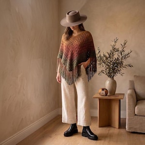 Crochet Poncho Pattern PDF, Boho V Stitch Shell Poncho, Fringe Poncho Pattern, Gradient Ombre Cotton Wrap,Easy Intermediate Digital Download