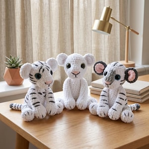 Virkmönster för vit tiger i PDF-format, Amigurumi babytiger, lejon och vit tigerunge, direkt nedladdning, nybörjarvänlig handledning för gosedjur