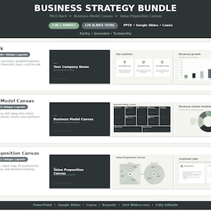 May include: A business strategy bundle presentation template with a dark gray and white design. The bundle includes a pitch deck, business model canvas, and value proposition canvas. The presentation includes 128 slides total and is fully editable.