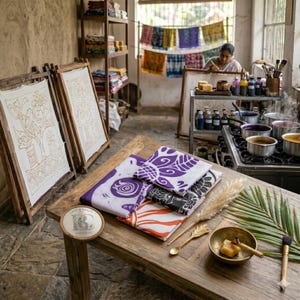 May include: A wooden table displays folded patterned textiles in purple, black, and orange. A round container with the text "Lady & Gent's" is on the table. In the background, a person works on a textile design, with dye pots and drying textiles visible.