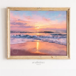 Printable Sunset Seascape Painting - Romantic Coastal Wall Art, Serene Beach Scene, Impressionist Pastel Colors, Digital Decor 177