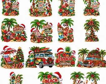 Tropical Christmas PNG Bundle, Beach Christmas Clipart, Flamingo Santa, Palm Tree, Sublimation Designs