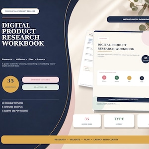 May include: A digital product research workbook featuring 35 guided pages, 10 reusable templates, 5 completed examples, and 4 ready-to-use PDF versions. The workbook is available in US Letter and A4 sizes, offering a printable and fillable format.