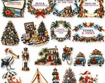 Coastal Christmas PNG Bundle, Beach Christmas Clipart, Santa, Palm Tree, Lighthouse, Seashell & Holiday Designs