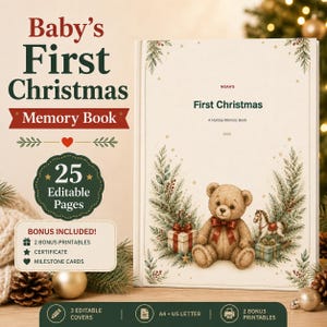 Babys första julminnesbok, redigerbar utskrivbar minnesdagbok och fotoalbum