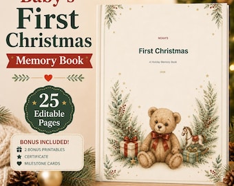 Baby’s First Christmas Memory Book, Editable Printable Keepsake Journal and Photo Album