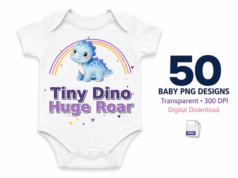 May include: A white baby bodysuit featuring a blue cartoon dinosaur under a rainbow, with the text Tiny Dino Huge Roar. To the right, text reads 50 BABY PNG DESIGNS, Transparent, 300 DPI, Digital Download, with a small PNG file icon.