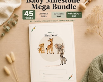 First Year Memory Journal, Watercolor Safari Milestone Printable, Growth Tracker & Shower Planner