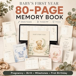 Puede incluir: Un libro de recuerdos de 80 páginas para el primer año del bebé, plantilla editable y PDF imprimible. El conjunto incluye un libro de espiral con un osito en la luna, además de varias tarjetas para detalles de nacimiento y los hitos.