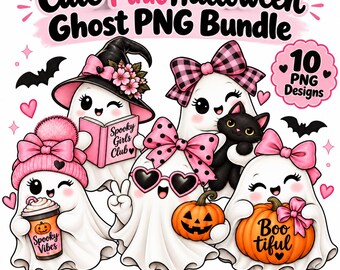 Pink Halloween Ghost PNG Bundle, 10 Spooky Designs (Digital Download)