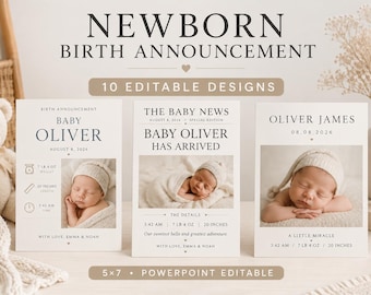 Newborn Birth Announcement Template, Editable Baby Birth Stats, 5x7, Square, Mobile, PowerPoint