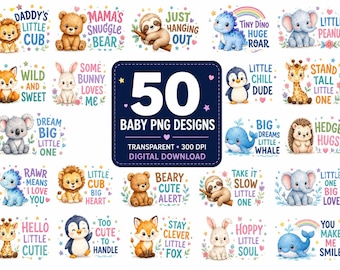 Baby PNG Bundle, 50 Newborn Sublimation Designs, Animal Quotes, Nursery Graphics, Commercial Use
