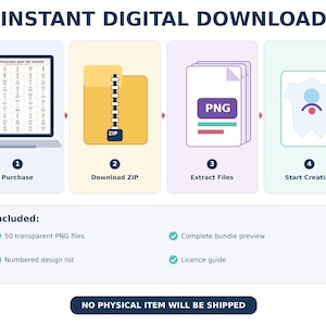 May include: An infographic titled INSTANT DIGITAL DOWNLOAD showing a four-step process: 1. Purchase, 2. Download ZIP, 3. Extract Files, 4. Start Creating. It includes a list of included items: 50 transparent PNG files, complete bundle preview, numbered design list, and licence guide. NO PHYSICAL ITEM WILL BE SHIPPED.