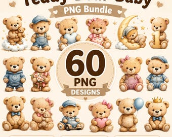 Teddy Bear PNG Bundle, 60 Baby Nursery Clipart, Watercolor Sublimation, Commercial Use