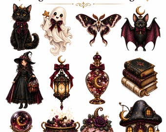 Halloween Clipart Bundle - Gothic Witchy PNG Sublimation Designs - T-Shirt Graphics - Printable Halloween Art