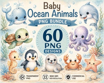 60 Under the Sea Watercolor Clipart, Ocean Animal PNG Bundle, Marine Life Sublimation