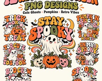 Halloween PNG Bundle, 12 Retro Ghost Clipart Designs, Fall Sublimation Graphics, Transparent Background
