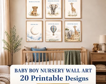 Baby Boy Nursery Wall Art Bundle, 20 Safari Prints, Printable Gallery Wall, ABC & Numbers
