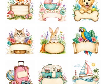 Editable Name Designs, Watercolor PNG Bundle, Animal & Travel Clipart