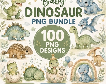 100 Baby Dinosaur PNG Bundle, Watercolor Dino Clipart, Nursery Sublimation Designs