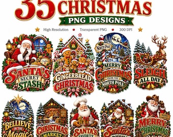 Christmas PNG Bundle, 35 Santa Shirt Sublimation Designs, Retro Holiday T-Shirt Graphics