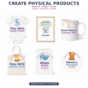 May include: A collection of physical products including a white baby bodysuit with a dinosaur, a framed print with an elephant, a white mug with a bunny, a tote bag with a fox, a greeting card with a whale, and a sticker with a bear, all featuring rainbows.