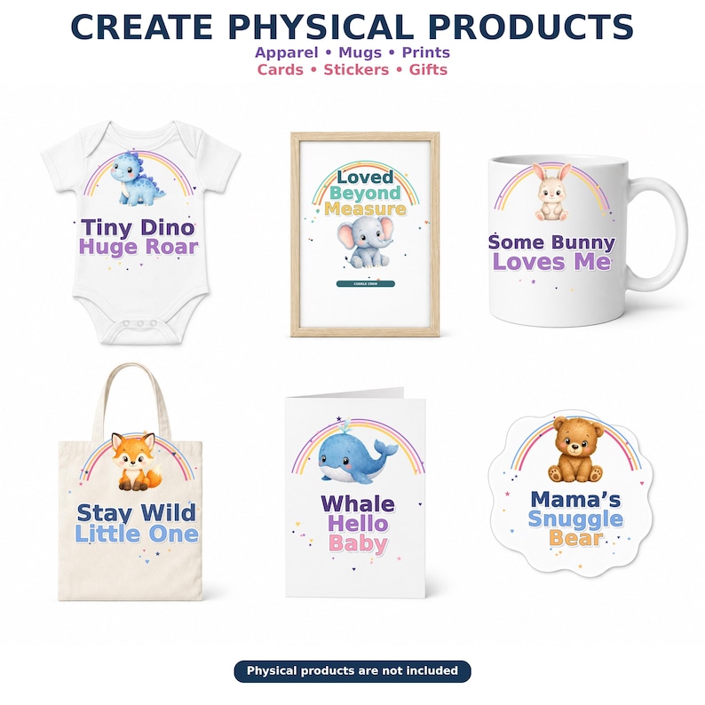 May include: A collection of physical products including a white baby bodysuit with a dinosaur, a framed print with an elephant, a white mug with a bunny, a tote bag with a fox, a greeting card with a whale, and a sticker with a bear, all featuring rainbows.