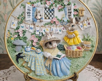 Vintage Regency Fine Arts “Motherly Love” 3D Wall Plate 7.5” Rabbit Scene Cottagecore Decor