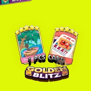 May include: Two trading cards with cartoon illustrations, one of a hippo in a boat and the other of a bear in bed. The cards are labeled "1 PCS CARD" and "GOLDEN BLITZ" with a "COMING APR 01ST" banner.