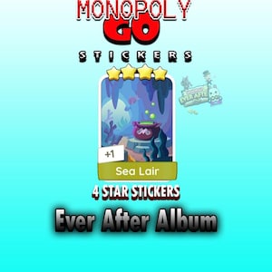 以下が含まれることがあります： 紫色の大釜と泡のあるシーライアのシーンが描かれた、Monopoly Goのステッカー。このステッカーは4つ星で、Ever Afterアルバムの一部です。画像は、上部にMonopoly Goのロゴが入った青色のグラデーションの背景です。