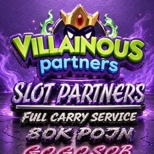 Op de afbeelding: Een paarse en zwarte afbeelding met de woorden "Villainous Partners" en "Slot Partners" in 3D-stijl. De afbeelding bevat ook de tekst "Full Carry Service", "80K POJN" en "GOGOSOB". Een kroon en groene vlammen zijn ook aanwezig.