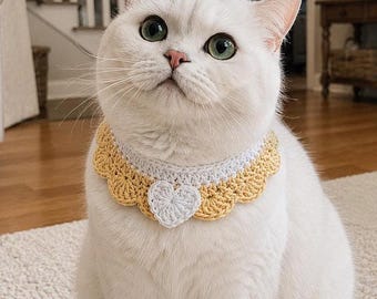 Crochet Cat Collar with Heart, Handmade Adjustable Pet Scarf for Cats & Small Dogs, Cottagecore Kitten Collar Gift