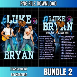 May include: A digital graphic featuring Luke Bryan with a guitar, blue neon musical notes, and a tour schedule list. The design includes the text Luke Bryan World On Street Tour, a grid background, and a list of concert dates from May to September.