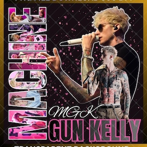 May include: A digital graphic featuring a portrait of Machine Gun Kelly, with the text "WATCH" and "MGK GUN KELLY" in pink. The image includes a transparent background and the text "PNG FILE DOWNLOAD 300 DPI".