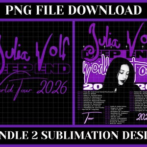 May include: A digital graphic design bundle featuring two purple and black layouts for Julia Wolf Deep End World Tour 2026. The designs include stylized purple text, a grid background, and a list of tour dates with a portrait of the artist.