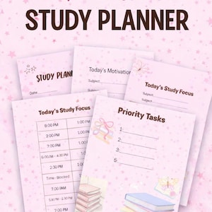May include: Pink printable study planner with the words "Printable STUDY PLANNER" in a decorative font. The planner includes pages for daily schedules, study focus, and priority tasks. The design features floral and star accents.