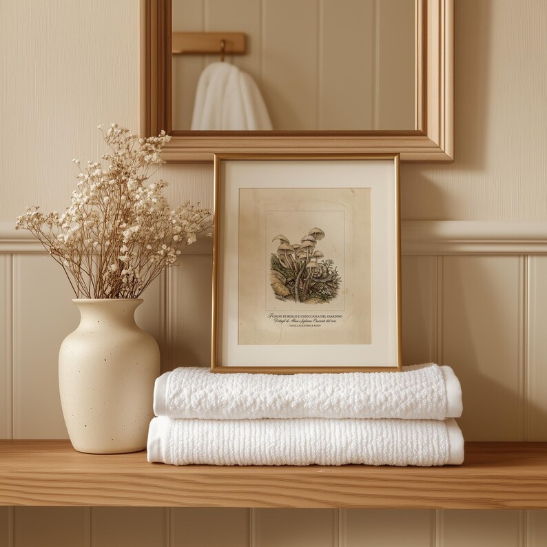 Antique-style mushroom printable wall art for study — elegant design combining fine ink with natural earthy tones and textures.