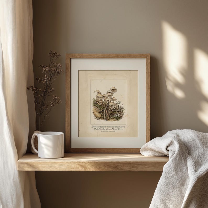 Fungi wall art for nursery — whimsical antique style mushrooms surrounded by gentle foliage in soft muted colors.