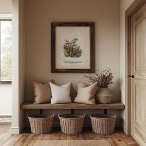 Vintage fungi picture printable art for bathroom — serene botanical design featuring delicate mushrooms and low ground foliage.