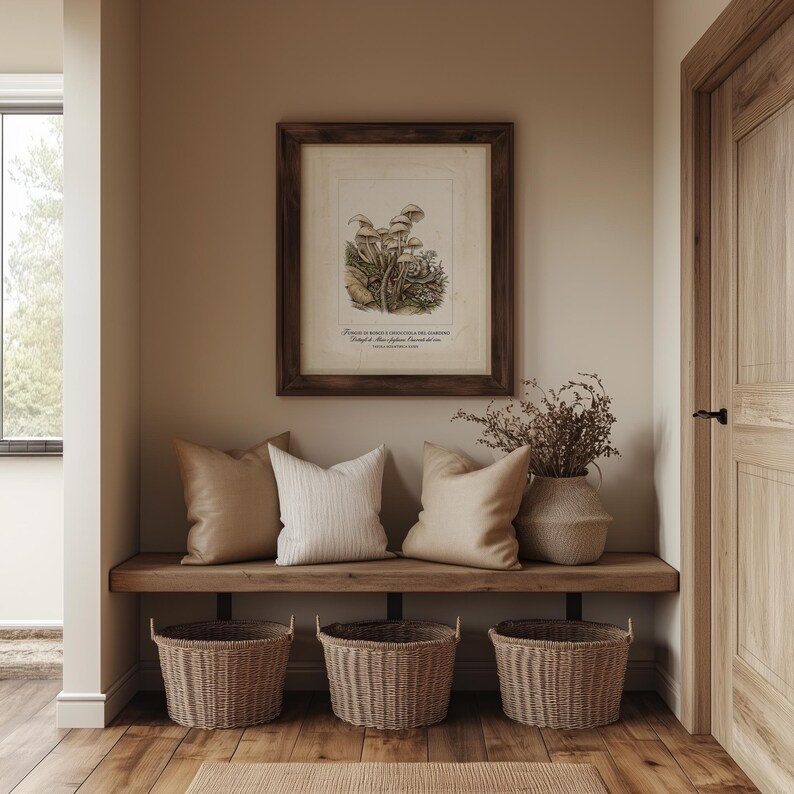 Vintage fungi picture printable art for bathroom — serene botanical design featuring delicate mushrooms and low ground foliage.