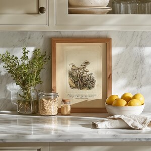 Captivating fungi artwork for entryway — beautifully detailed mushrooms with a serene antique aesthetic in neutral shades.