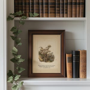 Detailed mushroom art poster for kitchen — rustic vintage fungi illustration with muted greens and browns on aged paper.