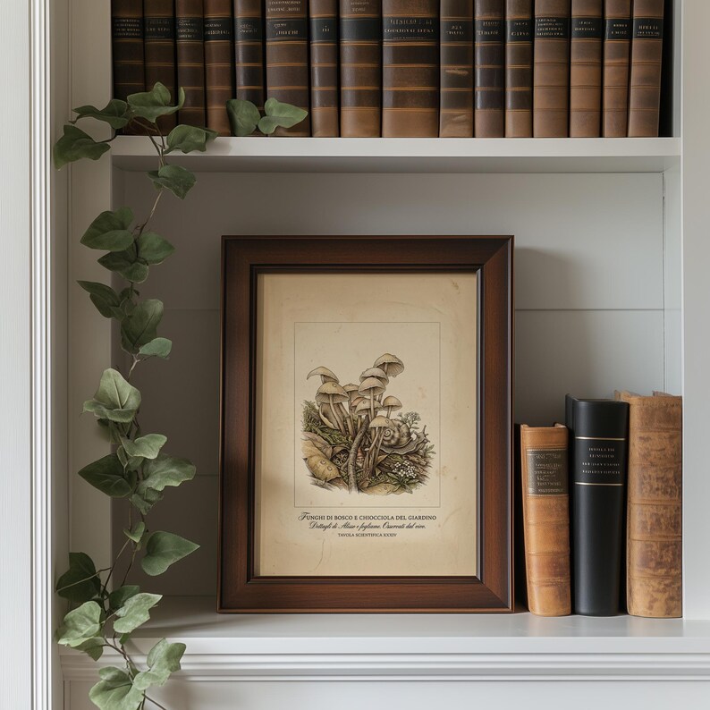 Detailed mushroom art poster for kitchen — rustic vintage fungi illustration with muted greens and browns on aged paper.