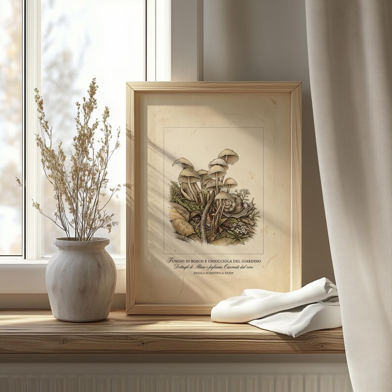Detailed fungi art piece for craft nook — rustic botanical illustration rich in earthy colors and vintage flair.