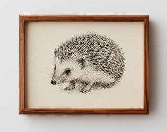 Profil jeża w tuszu, monochromatyczna sztuka Cottagecore Vintage (pobranie cyfrowe)
