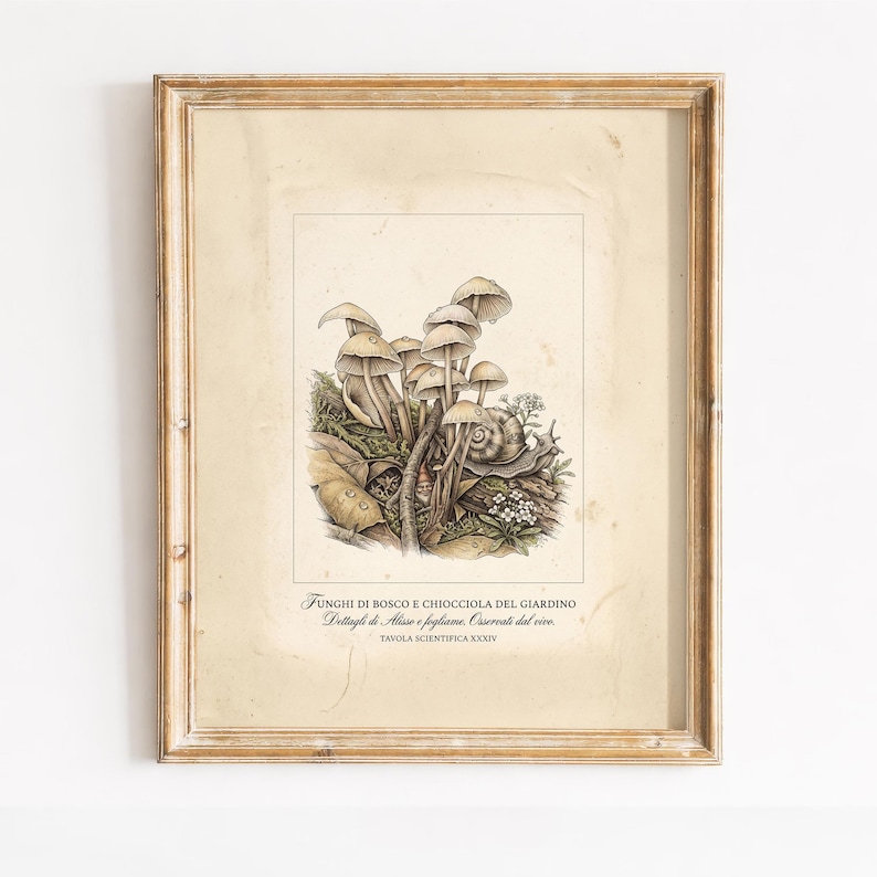 Może przedstawiać: Oprawiona grafika botaniczna przedstawiająca szczeg&oacute;łową ilustrację grzyb&oacute;w, ślimaka i liści. Grafika jest w stylu vintage, z beżowym tłem i złotą ramą. Tekst na dole brzmi "FUNGI DI BOSCO E CHIOCCIOLA DEL GIARDINO".