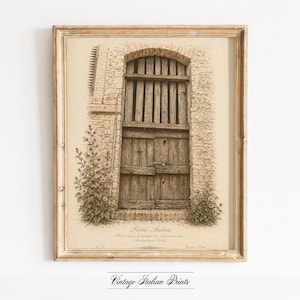 May include: Framed vintage print of an arched wooden door, titled "Porta Antica." The artwork features a detailed illustration of a weathered wooden door set in a brick wall, with floral accents. The frame is a light gold color.